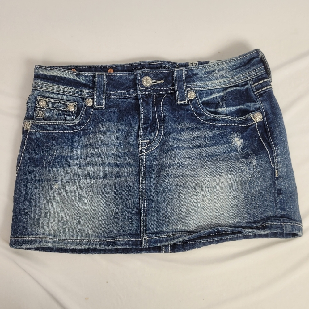 Miss Me Embroidered Rhinestone Bling Jean Mini Skirt Size 27